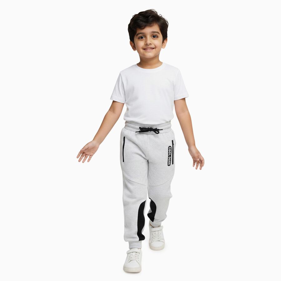 Boys' Light Grey Cotton Blend Jogger Pyjama with Black Knee Patches, एक्रू मिश्रित, large