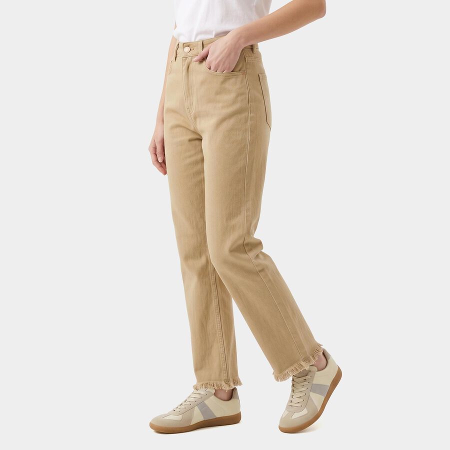 Women's Off White Straight Fit Frayed Hem Jeans, ऑफ व्हाइट, large