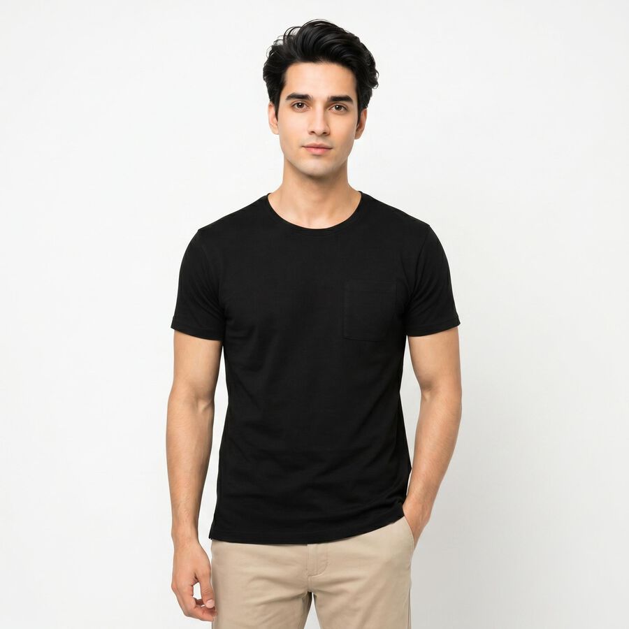 Men's Black Cotton Round Neck Regular T-Shirt, Black, large
