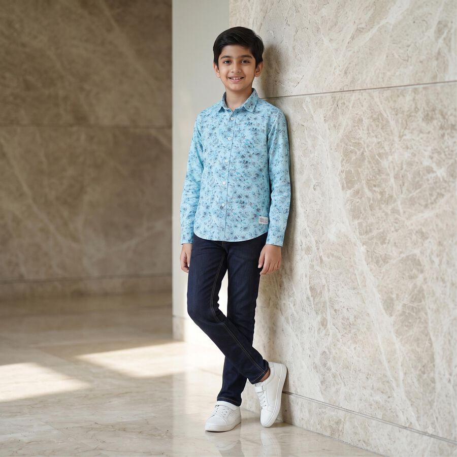 Boys Light Blue Cotton Floral Spread Collar Shirt, Light Blue, large