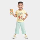 Girls Yellow Cotton Round Neck T Shirt and Capri Set, Yellow, small