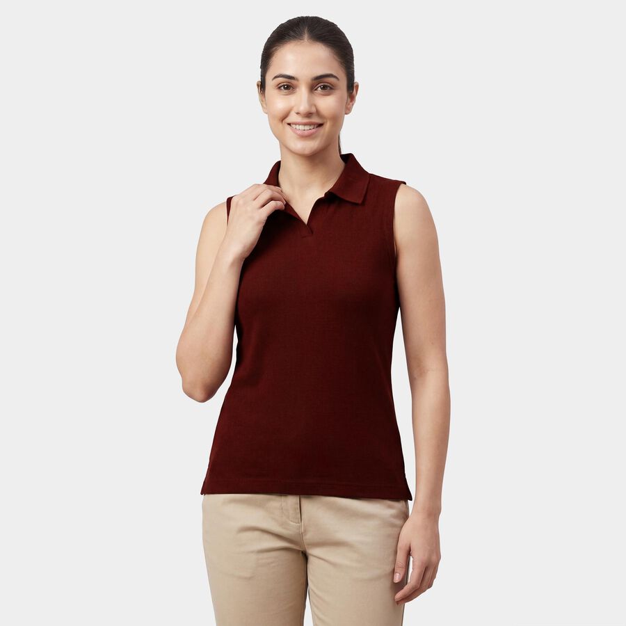 Women's Wine Polo Neck Preppy T-Shirt, Wine, large