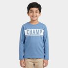 Boys Blue Cotton Blend Crew Neck Regular T-Shirt, Mid Blue, small