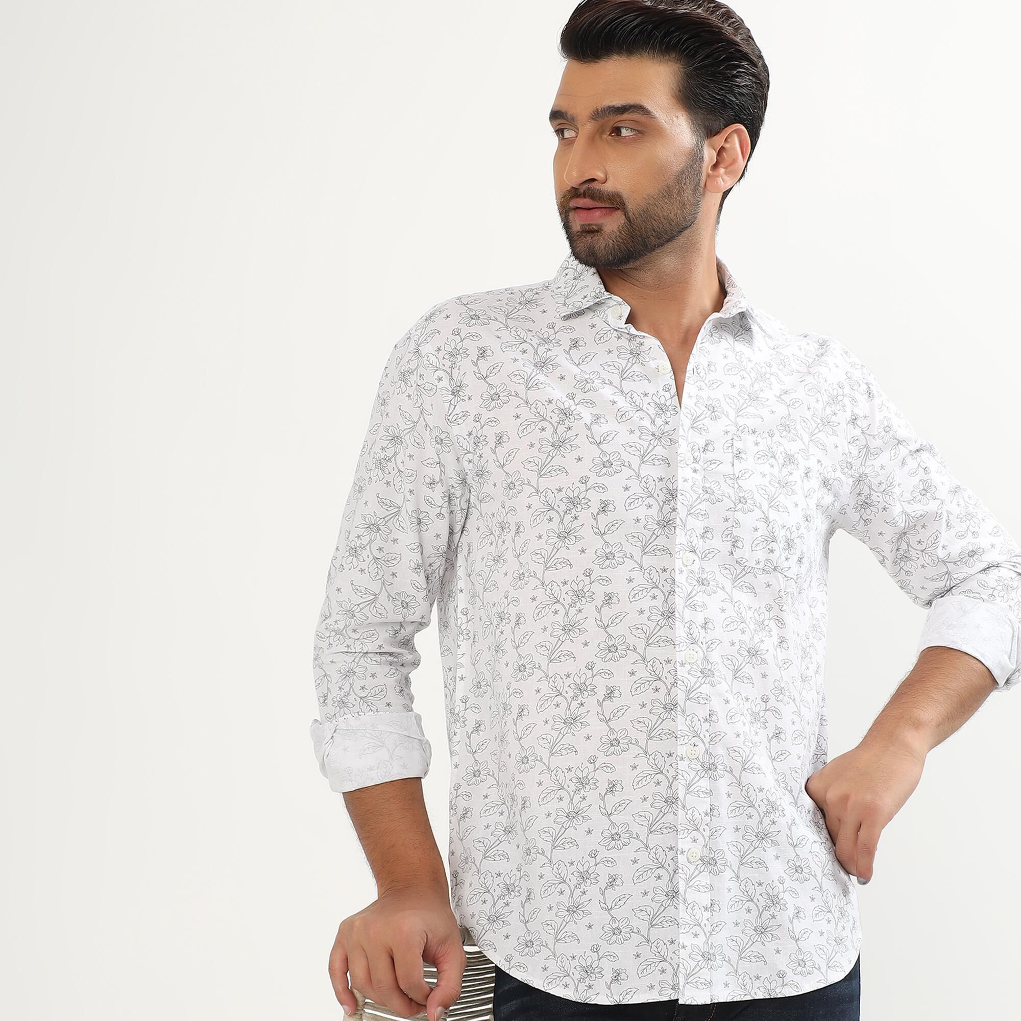 Driftwood Men's White Cotton Full Sleeve Spread Collar Casual