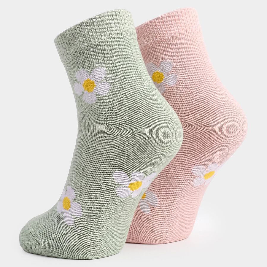 Girls' Regular Fit Floral Pack of 2 Socks ( Pink, Green ), हल्का गुलाबी, large