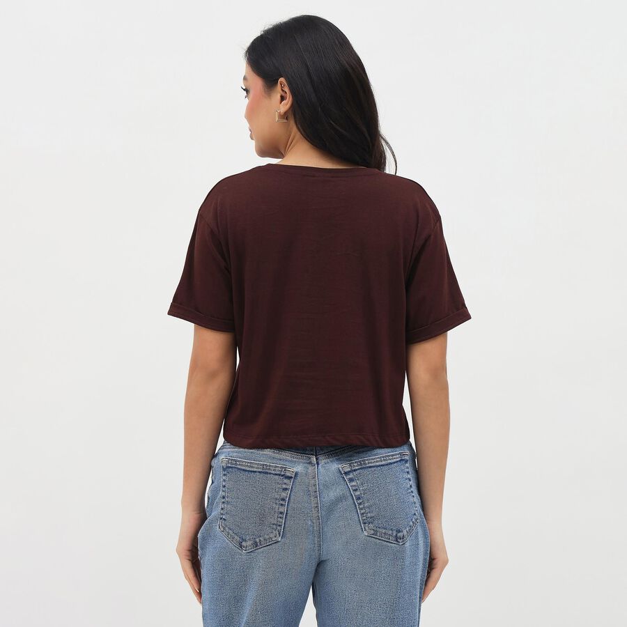 Women's Deep Brown Cotton Round Neck Casual T-Shirt, भूरा, large