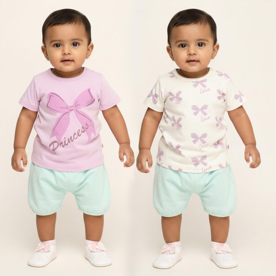 Infants Pastel Pink and White Cotton Round Neck Casual T-Shirt, Lilac, large image number null