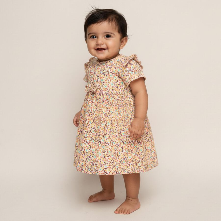 Infants' Pastel Floral Ruffled Sleeve Cotton Frock, ऑफ व्हाइट, large image number null