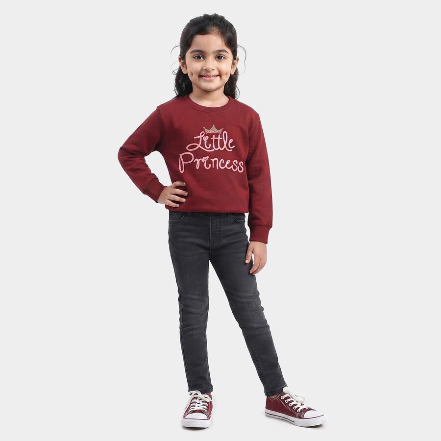 Girls' Maroon Crew Neck Graphic Print Sweatshirt, मरून, large