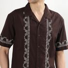 Men's Deep Brown Cotton Cuban Collar Casual Shirt, Brown, small