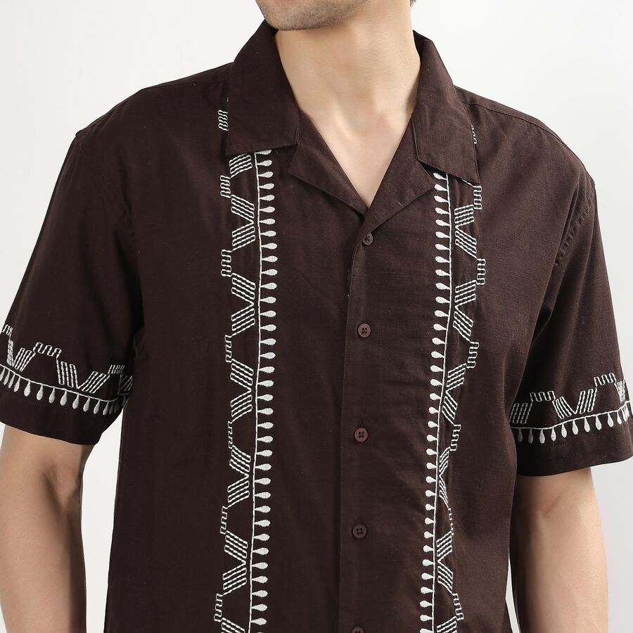 Men's Deep Brown Cotton Cuban Collar Casual Shirt, Brown, large