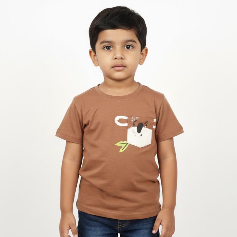 Boys Warm Brown Cotton Round Neck Casual T-Shirt, Brown, large image number null