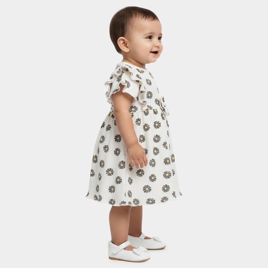 Infants' White Daisy Print Ruffle Sleeve Cotton Frock, Off White, large