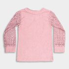 Girls' Soft Pink Round Neck Floral Lace Sleeve Textured Top, Pink, small image number null