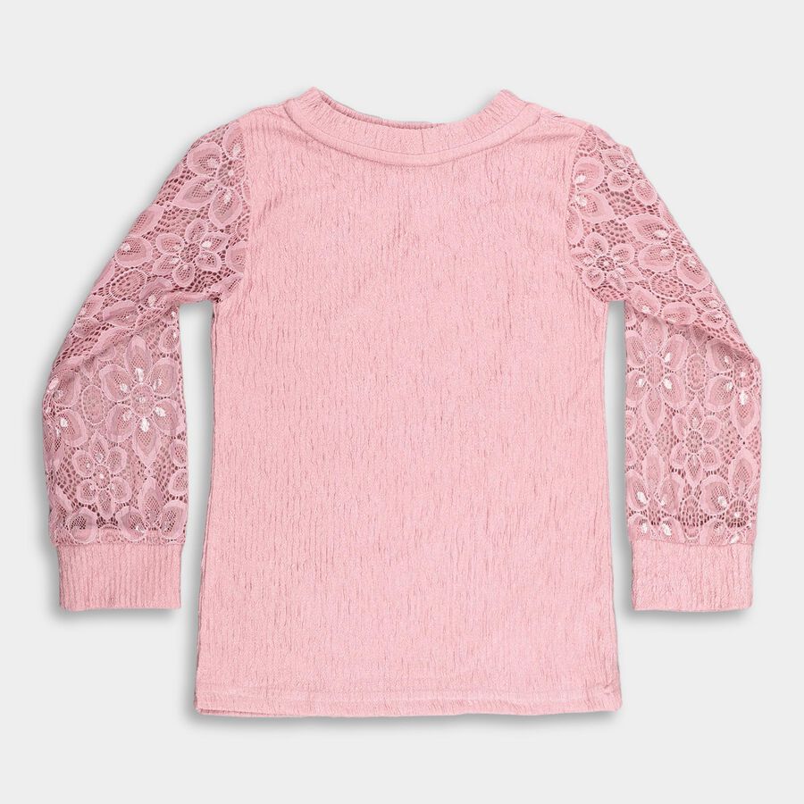 Girls' Soft Pink Round Neck Floral Lace Sleeve Textured Top, Pink, large image number null