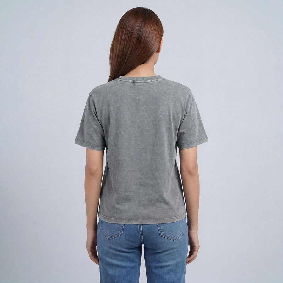 Women's Light Grey Round Neck Casual T-Shirt, हल्का ग्रे, large