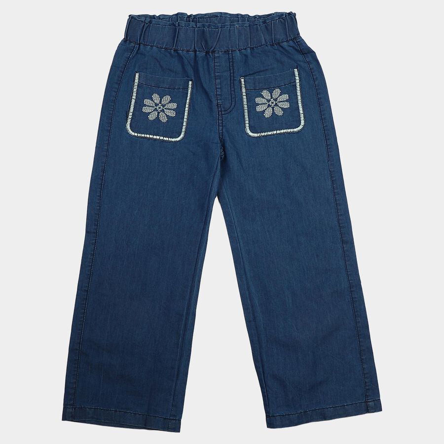 Girls Blue Straight Fit Embellished Jeans, मध्यम नीला, large