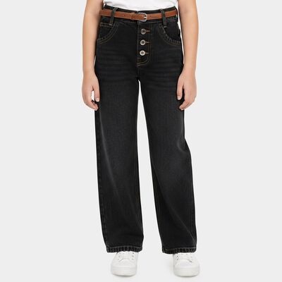 Girls Black Straight Fit Button Fly Jeans
