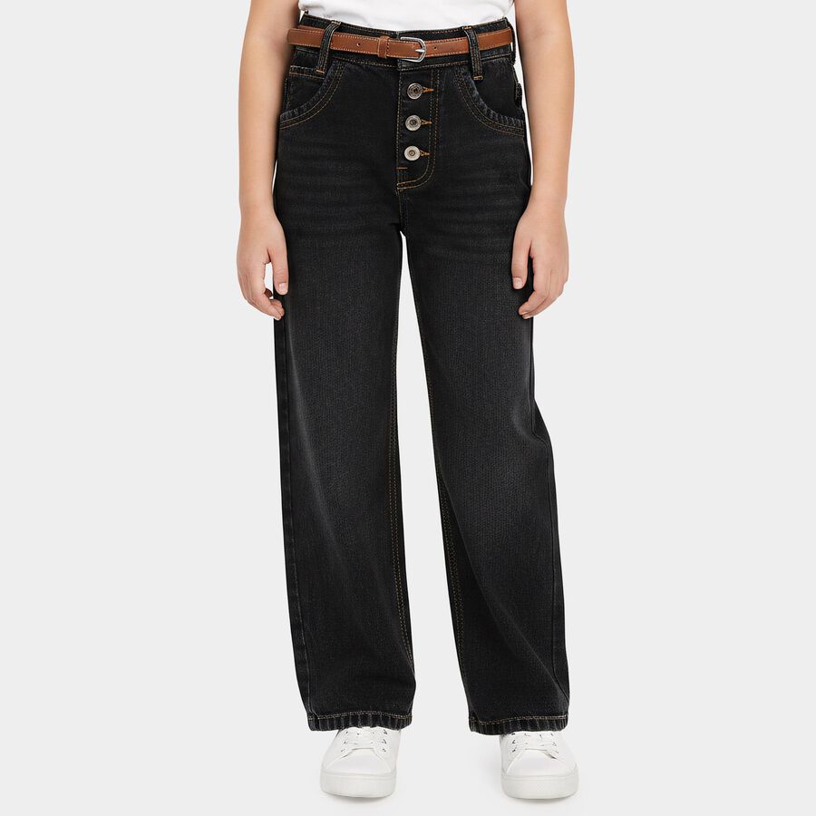Girls Black Straight Fit Button Fly Jeans, काला, large