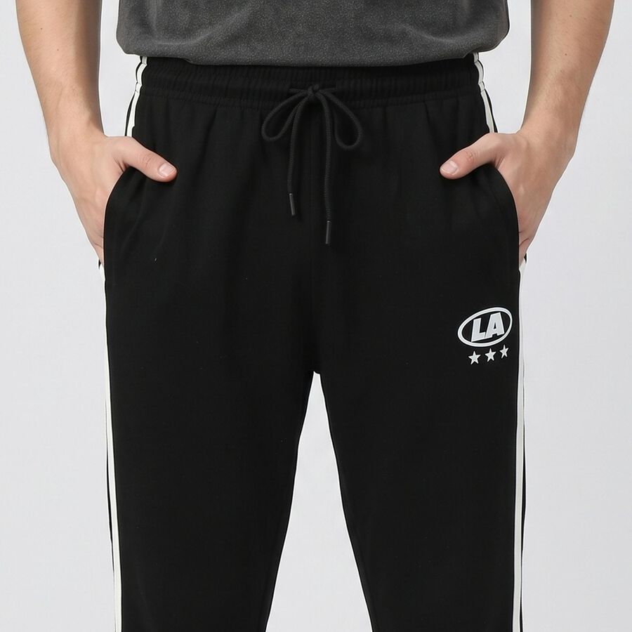 Men's Black Regular Fit Side-Striped Track Pants, Black, large