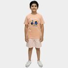 Boys' Peach Cotton Round Neck Graphic Printed Night Suit, मूँगा (कोरल), small