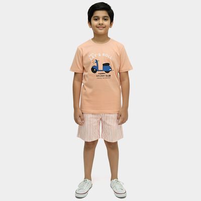 Boys' Peach Cotton Round Neck Graphic Printed Night Suit