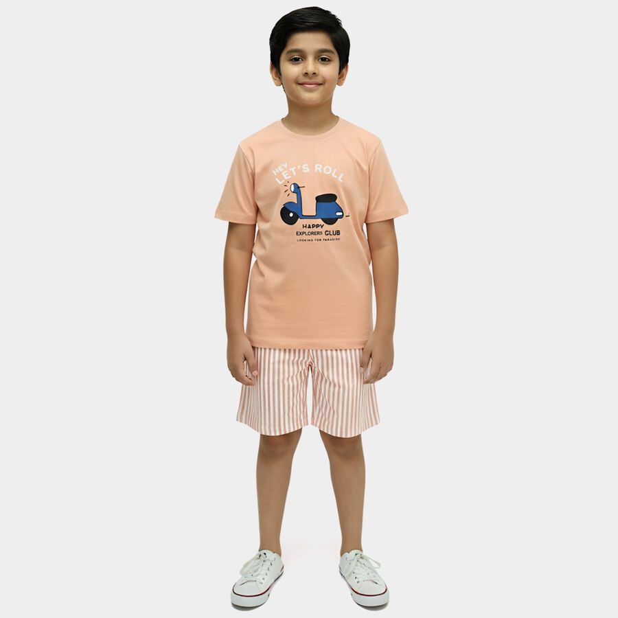 Boys' Peach Cotton Round Neck Graphic Printed Night Suit, मूँगा (कोरल), large