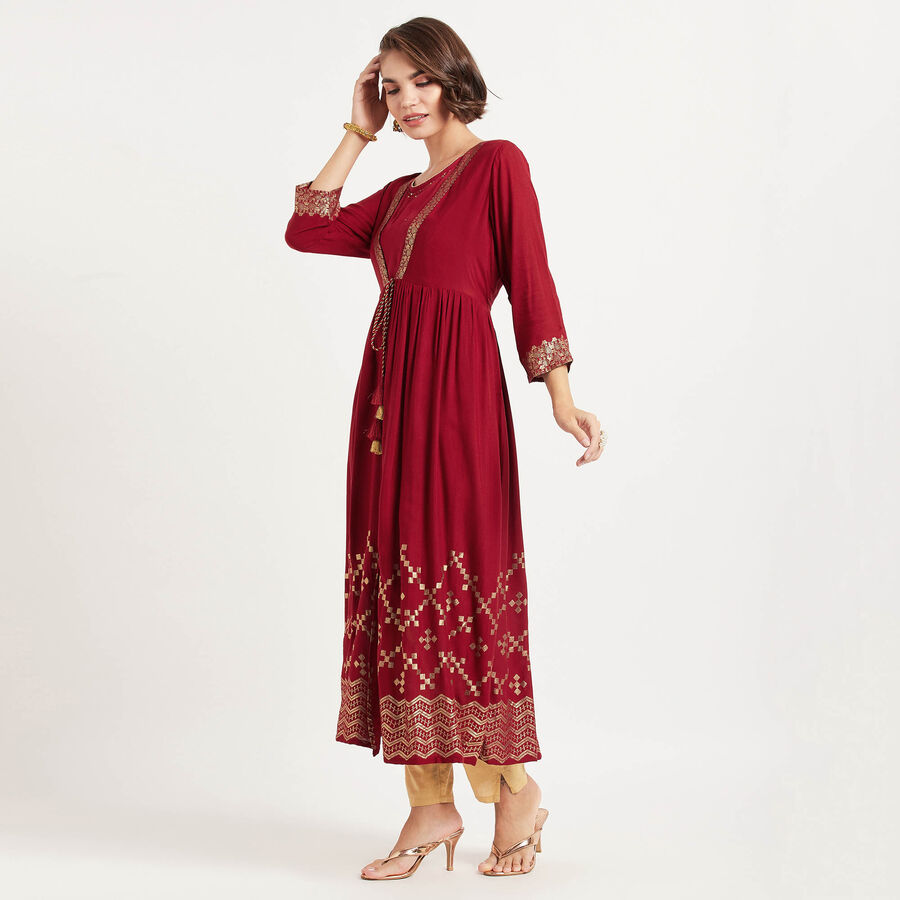Solid 3/4Th Sleeves Kurta, Red, large image number null