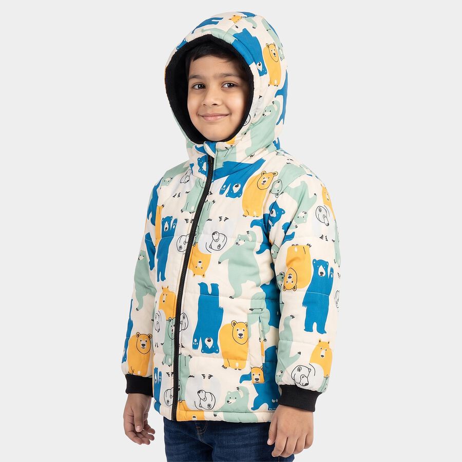 Boys Cream Hooded Puffer Jacket, ऑफ व्हाइट, large