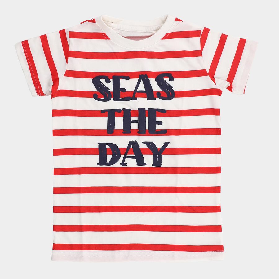 Boys Red Cotton Round Neck Casual T-Shirt, लाल, large image number null