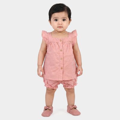 Infants Pink Cotton Square Neck Short Set Upper and Bottom Set