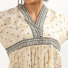 Women's Muted Beige Cotton V-Neck Floral Printed Kurta, Beige, small image number null