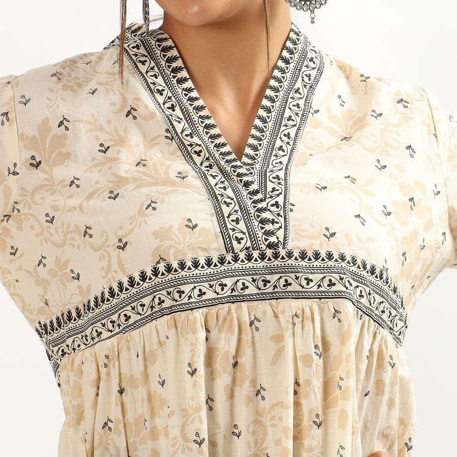 Women's Muted Beige Cotton V-Neck Floral Printed Kurta, Beige, large image number null
