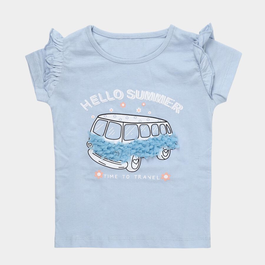 Girls' Light Blue Cotton Round Neck Ruffle Sleeve T-Shirt, Light Blue, large