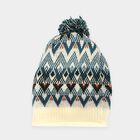 Boys' Cream Geometric Knit Pom-Pom Beanie Cap, Off White, small
