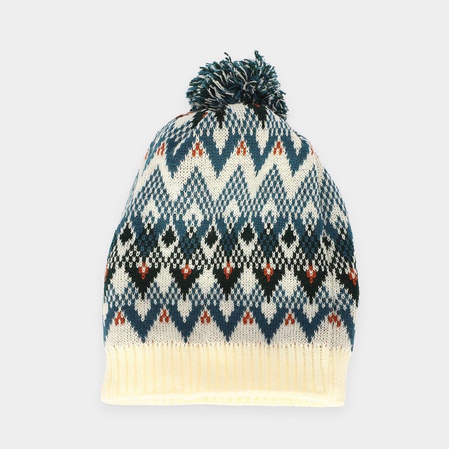 Boys' Cream Geometric Knit Pom-Pom Beanie Cap, Off White, large