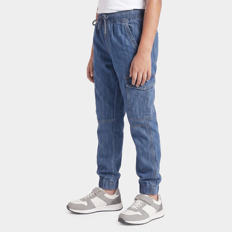 Boys' Blue Relaxed Fit Cargo Jeans, गहरा नीला, large