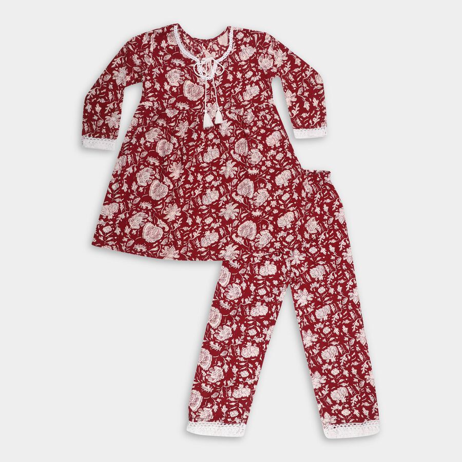 Girls Deep Crimson Red Viscose Floral Printed Kurta and Pant Fusion Set, Wine, large image number null