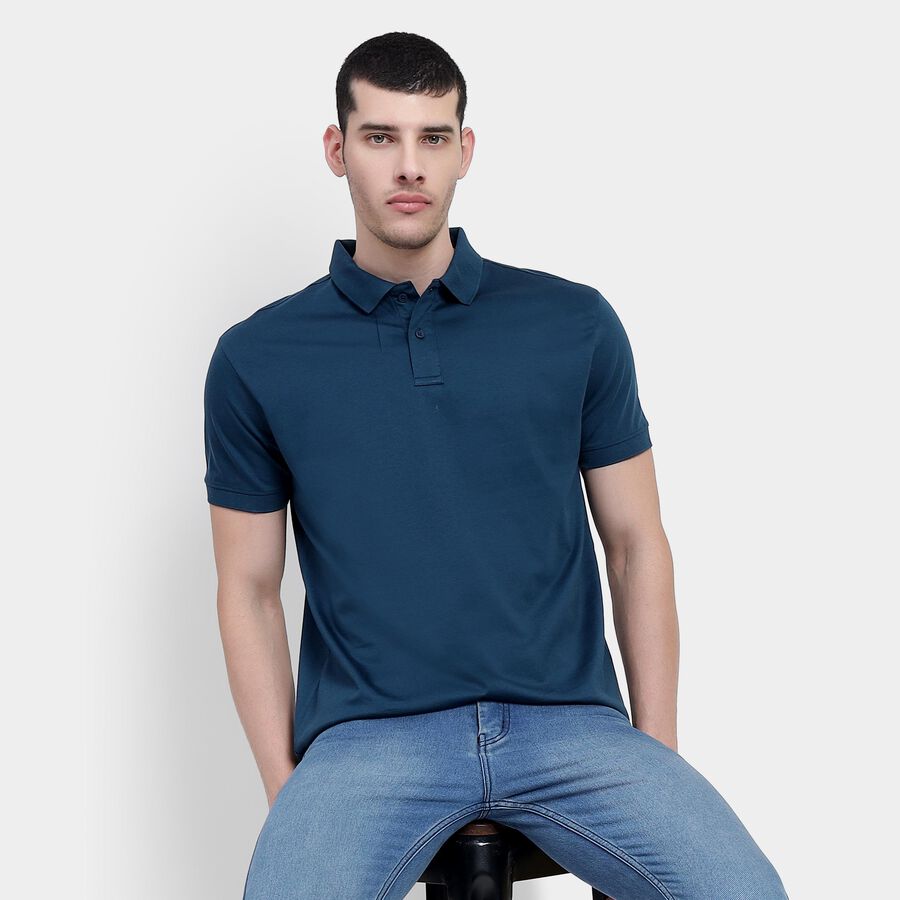 Men's 100% Cotton Collared Half Sleeves T-Shirt , Teal Blue, large