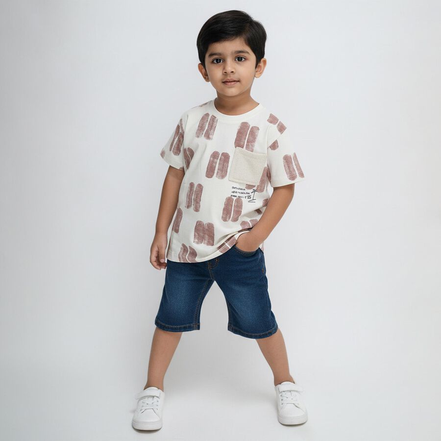 Boys Off-White Cotton Round Neck Casual T-Shirt, भूरा, large image number null