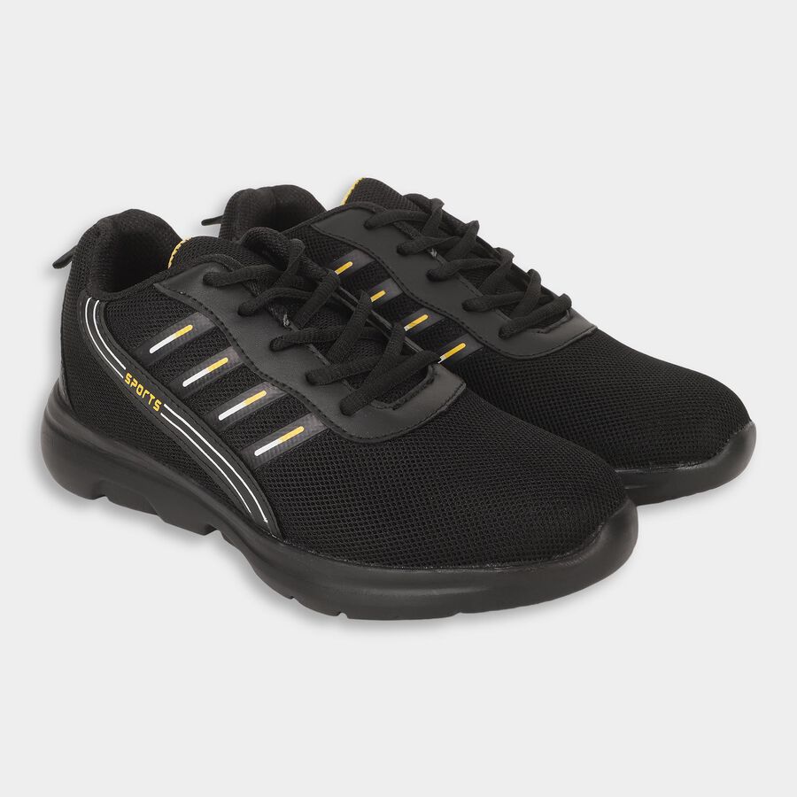 Men's Jet Black Lace-Up Sports Shoes, काला, large