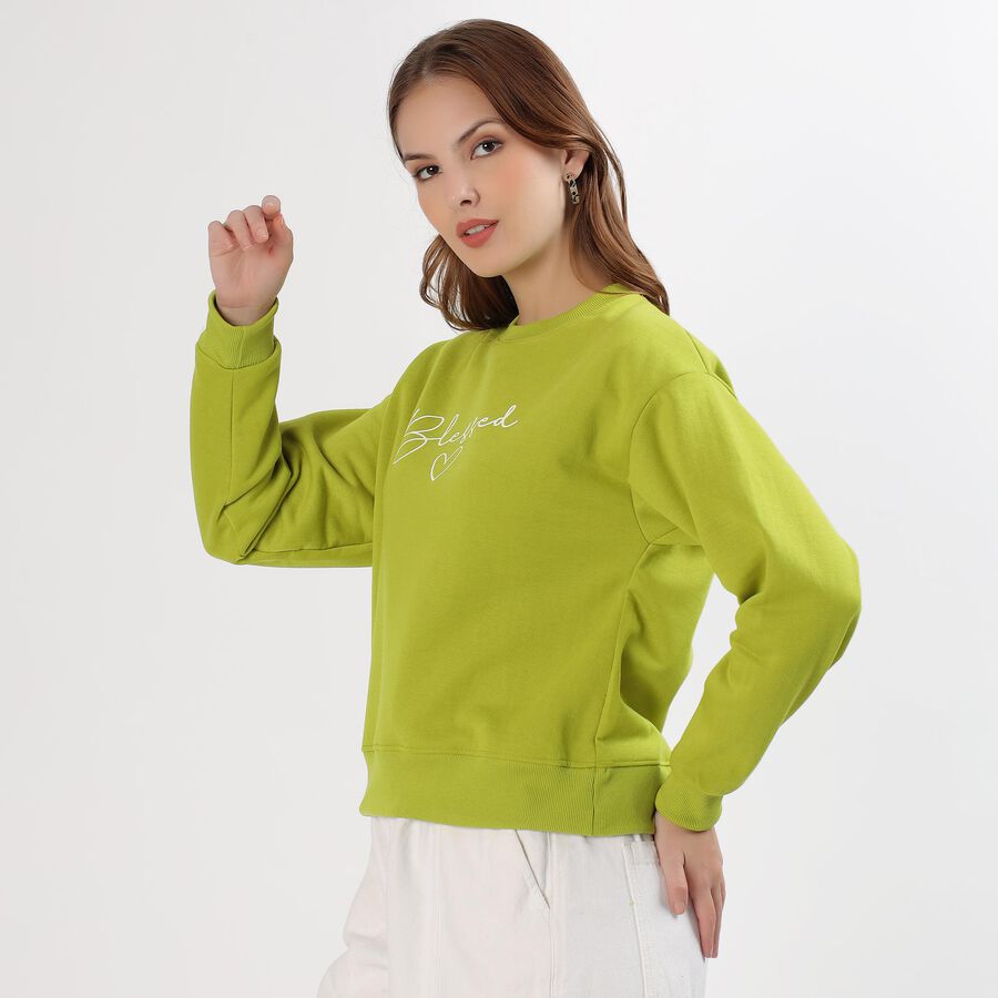 Women's Bright Lime Green Crew Neck Casual Sweatshirt, हल्का हरा, large image number null