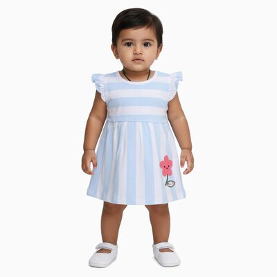 Infants' Light Blue and White Striped Cotton Flutter Sleeve Frock