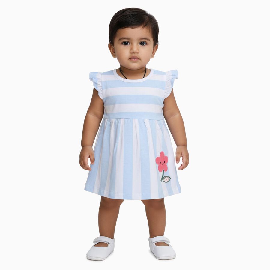 Infants' Light Blue and White Striped Cotton Flutter Sleeve Frock, Aqua, large