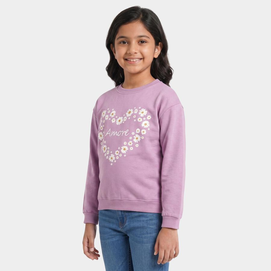 Girls' Lilac Crew Neck Pullover Sweatshirt, लाइलेक, large