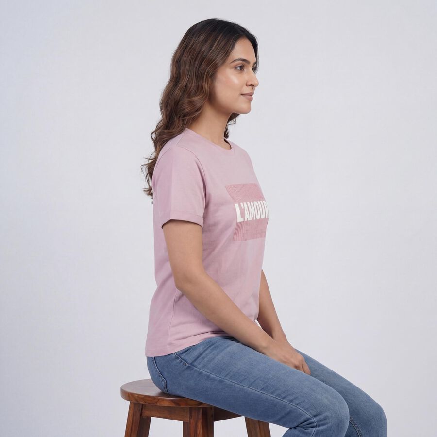 Women's Lilac Round Neck Graphic T-Shirt, लाइलेक, large