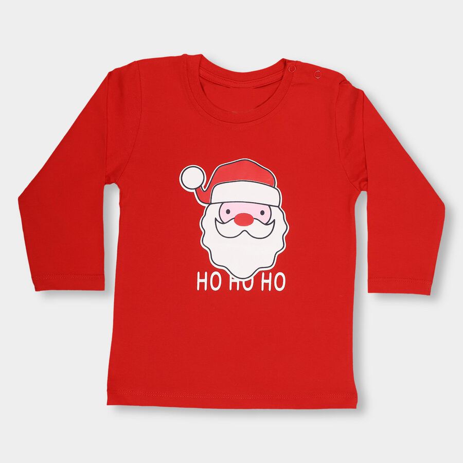 Infants Bright Cherry Red Cotton Round Neck Casual T-Shirt, लाल, large image number null
