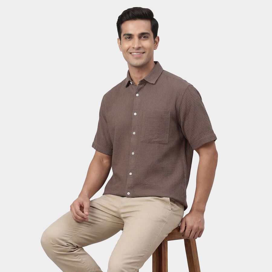 Men Brown Cotton Classic Collar Casual Shirt, Brown, large