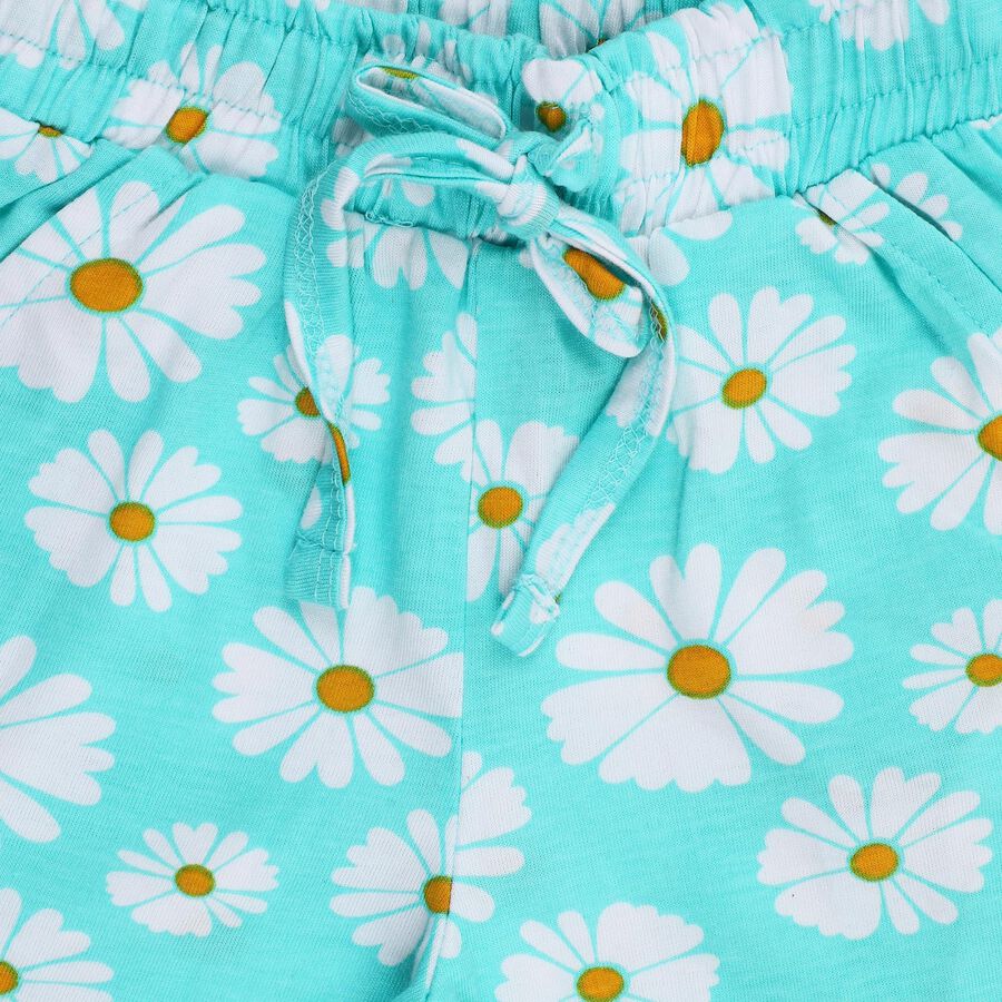 Girls' Bright Aqua Daisy Print Cotton Blend Shorts, एक्वा, large