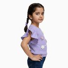 Girls' Lavender Round Neck Ruffle Sleeve Floral T-Shirt, लाइलेक, small